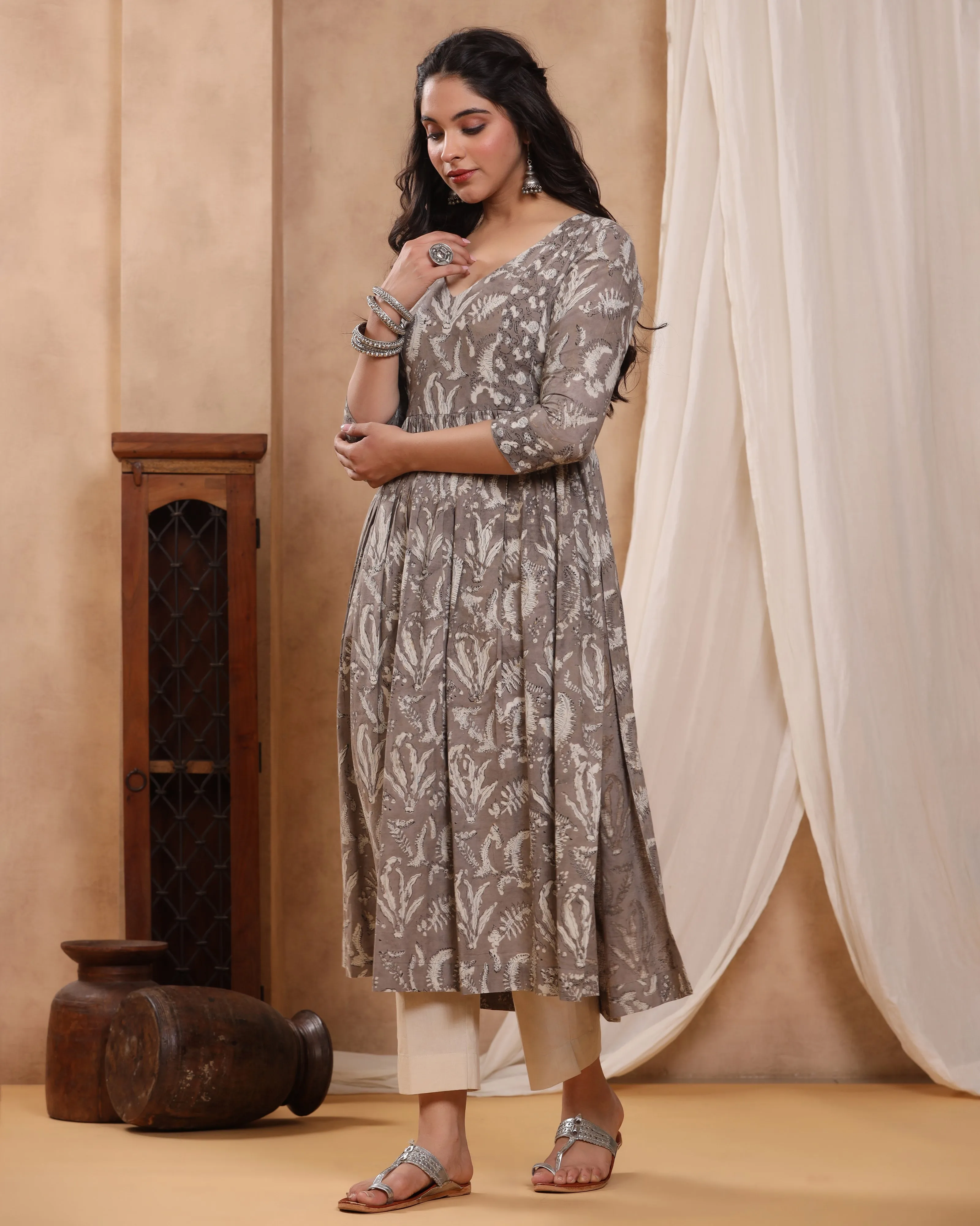 Kashish Dabu Hand Block Printed Cotton Gathered Kurti