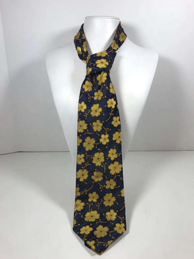 KENZO HOMME Blue Silk Tie with Yellow Floral Pattern 58 In.