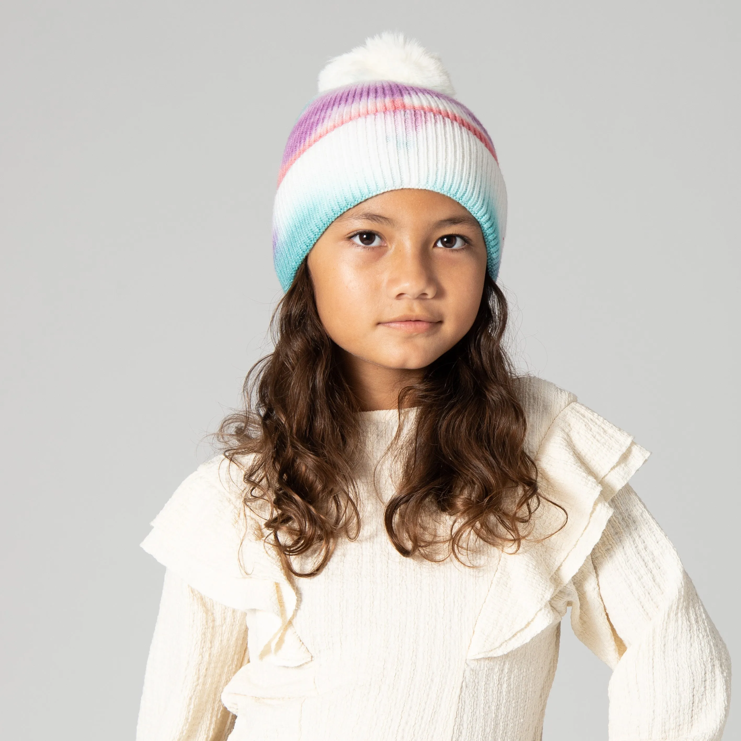 Kids Tie-Dye Beanie With Faux Fur Pom