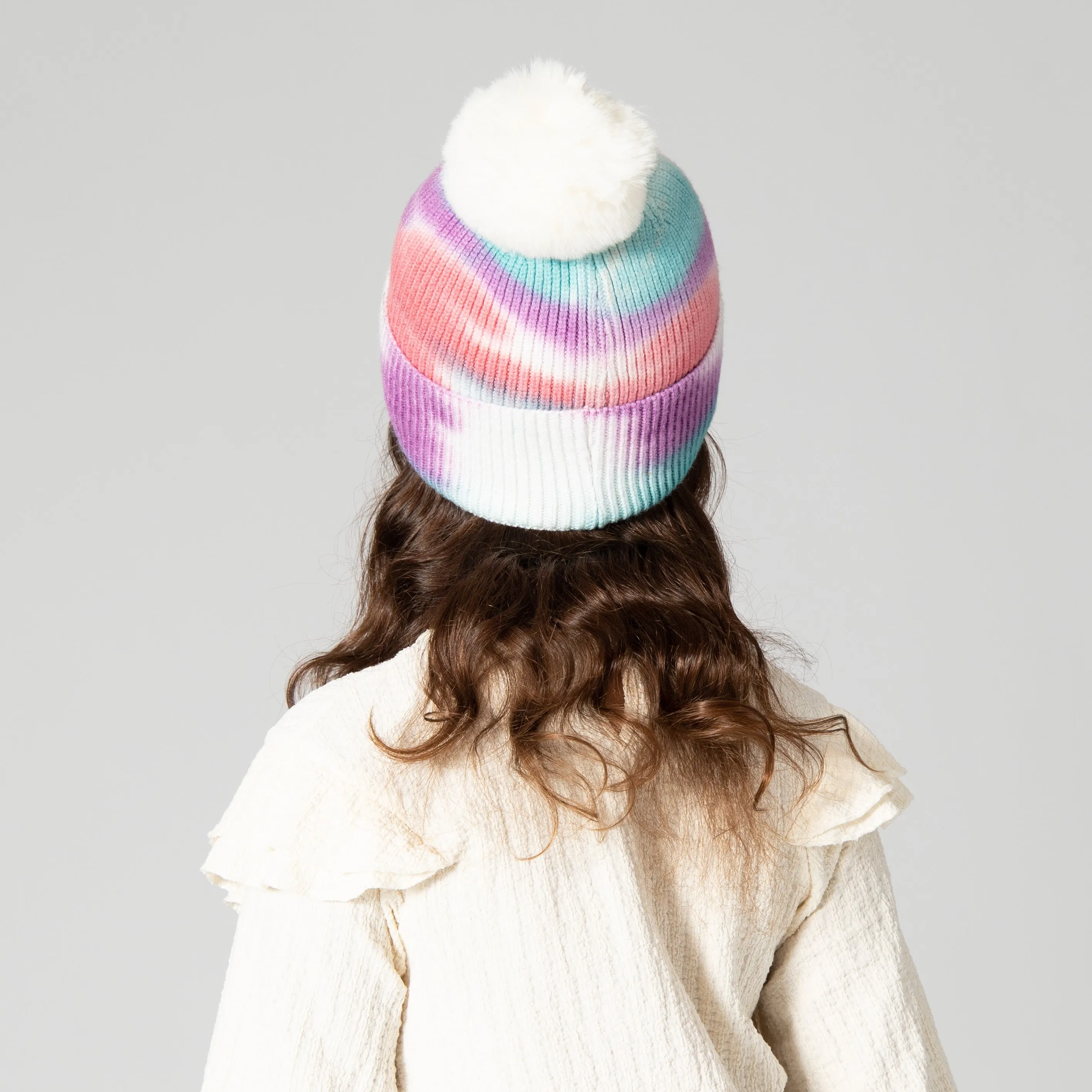 Kids Tie-Dye Beanie With Faux Fur Pom