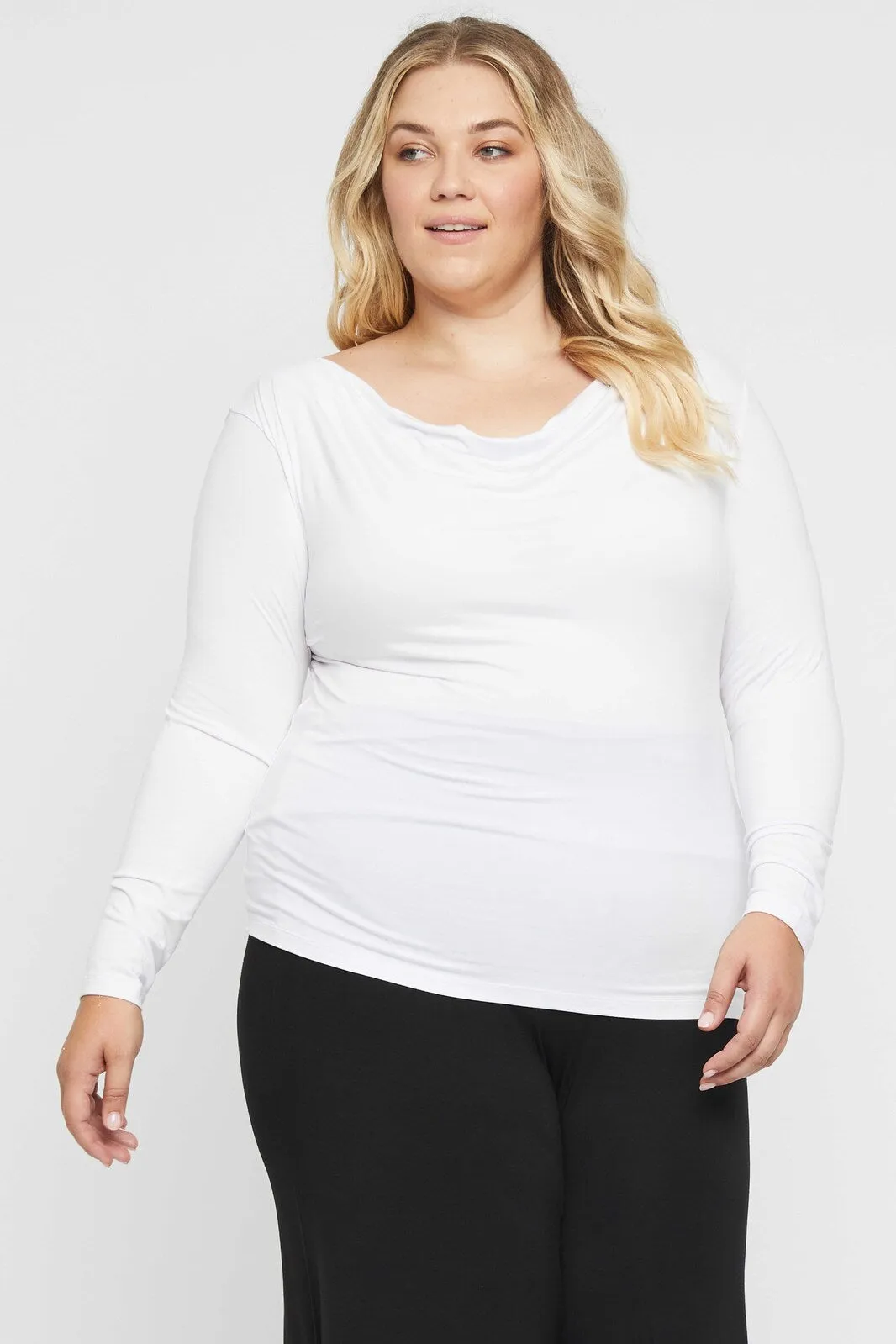 Long Sleeve Cowl Neck Top - White