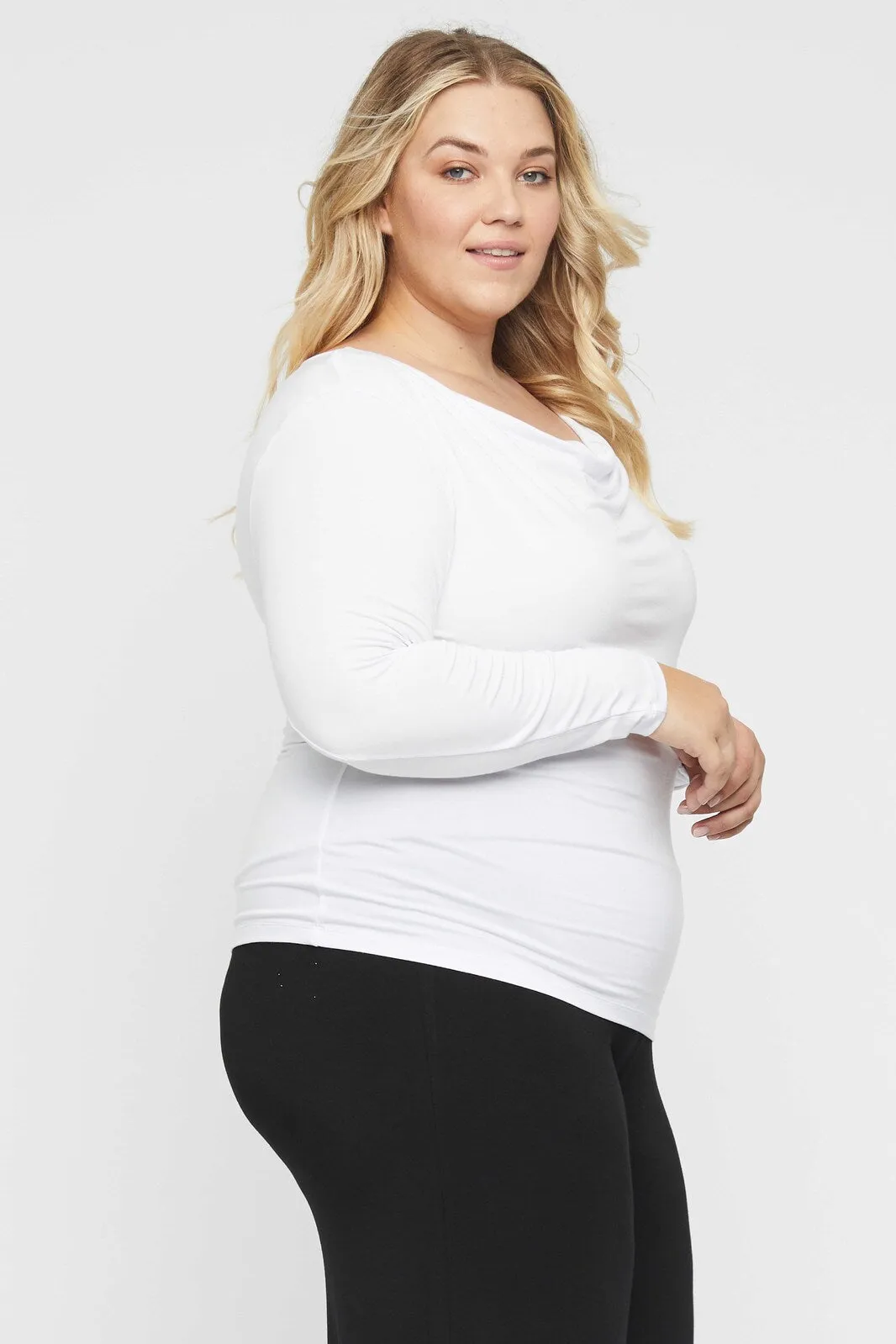 Long Sleeve Cowl Neck Top - White