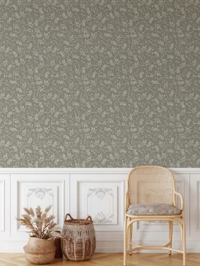 'Lulu In Dark Green' - Vintage Green and Cream Leaf Removable Wallpaper