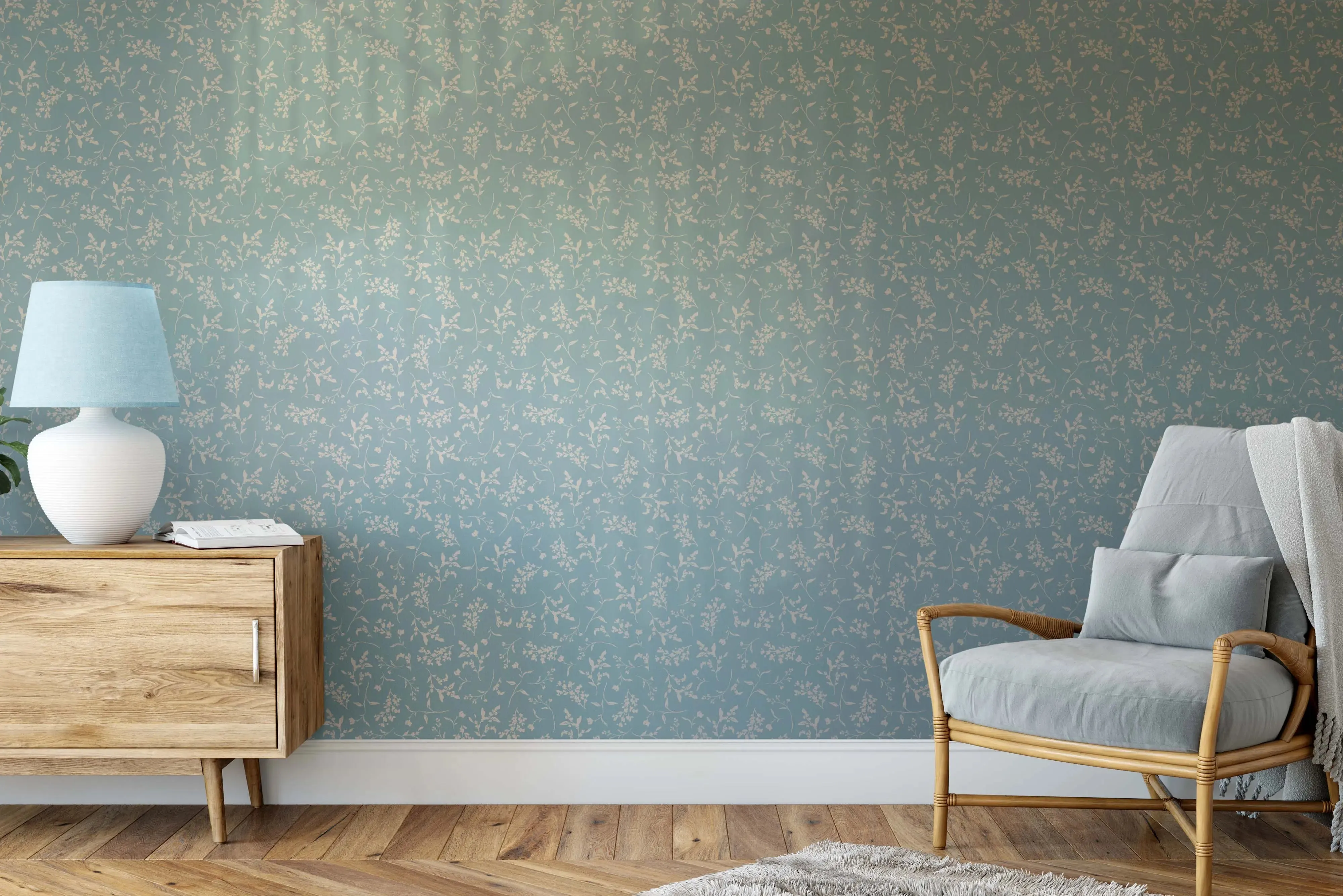 'Lulu In Vintage Blue' - Vintage Blue and Cream Leaf Removable Wallpaper
