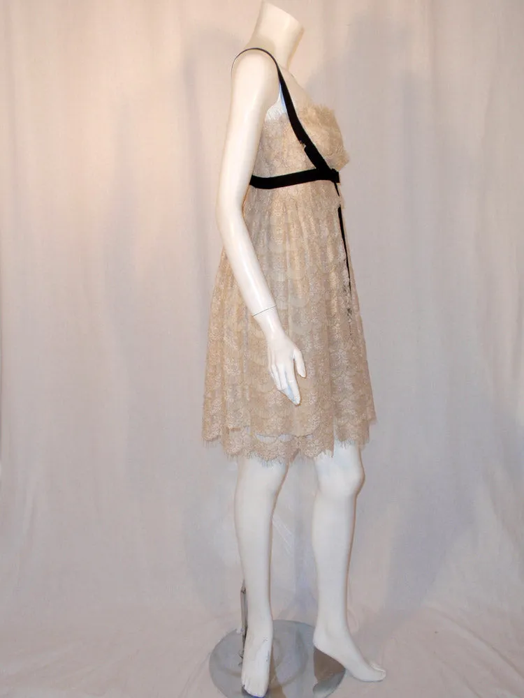 MARCHESA Cream Lace Cocktail Dress with Black Bow Size 12