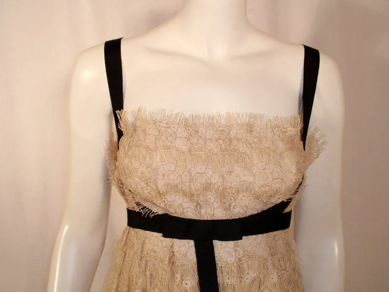 MARCHESA Cream Lace Cocktail Dress with Black Bow Size 12