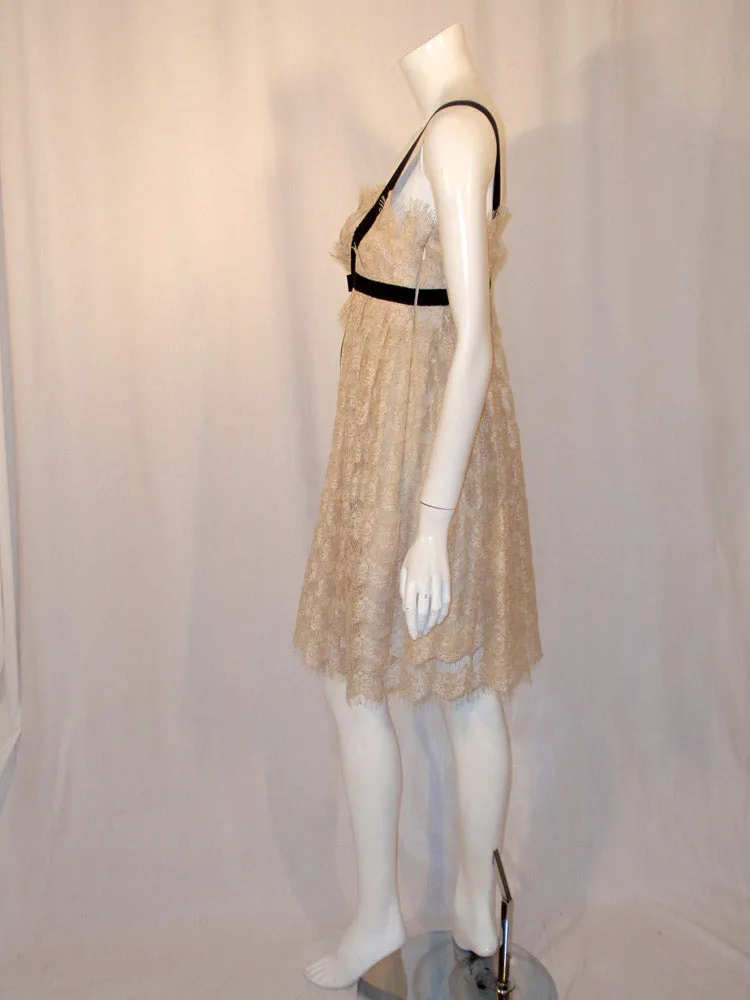 MARCHESA Cream Lace Cocktail Dress with Black Bow Size 12