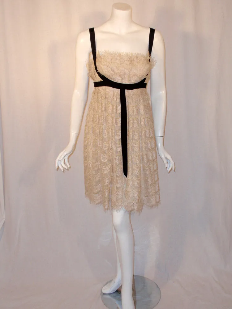 MARCHESA Cream Lace Cocktail Dress with Black Bow Size 12