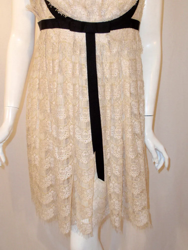 MARCHESA Cream Lace Cocktail Dress with Black Bow Size 12