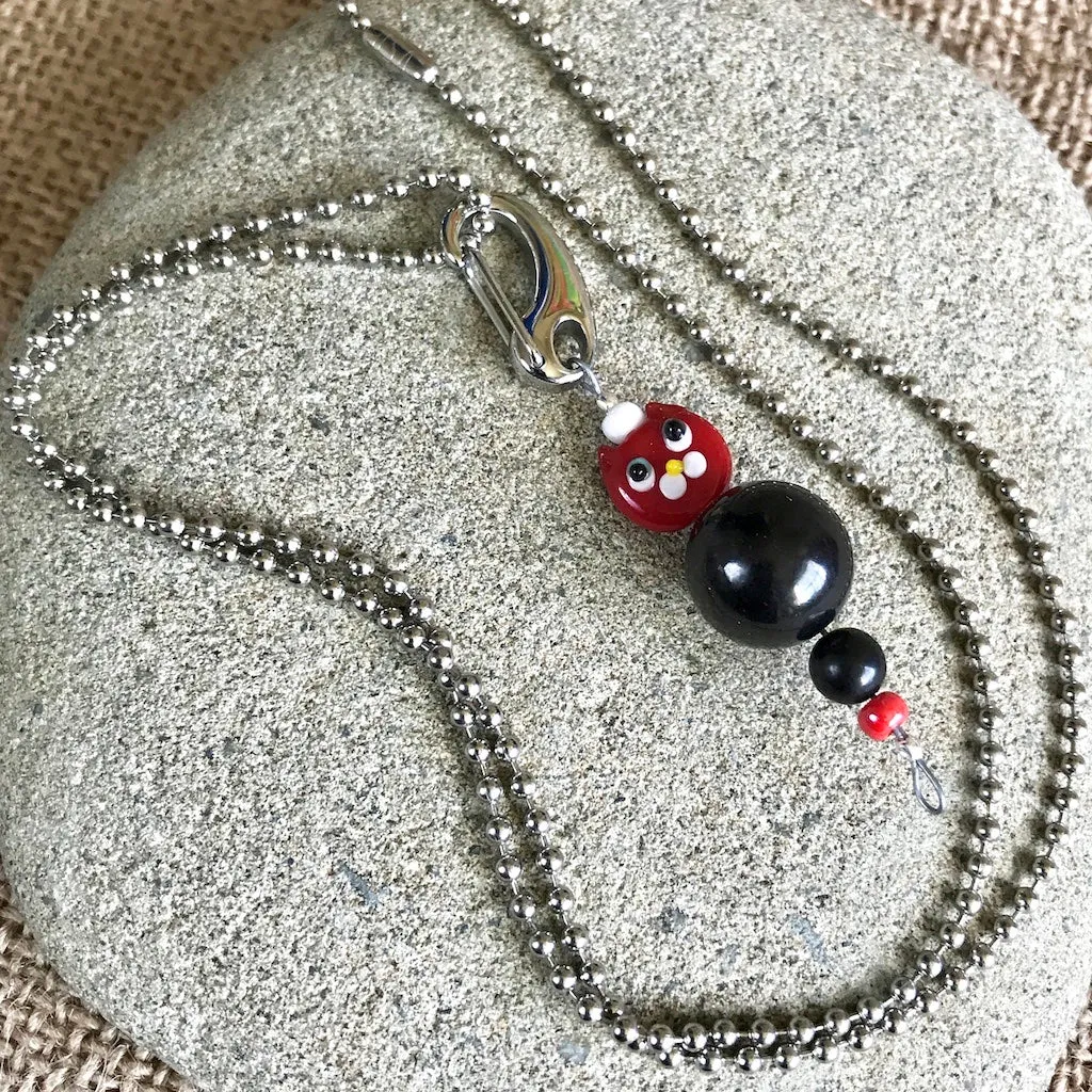 Red Cat Shungite Necklace on Silver Ball Chain, Clip-On EMF Accessory, Kids