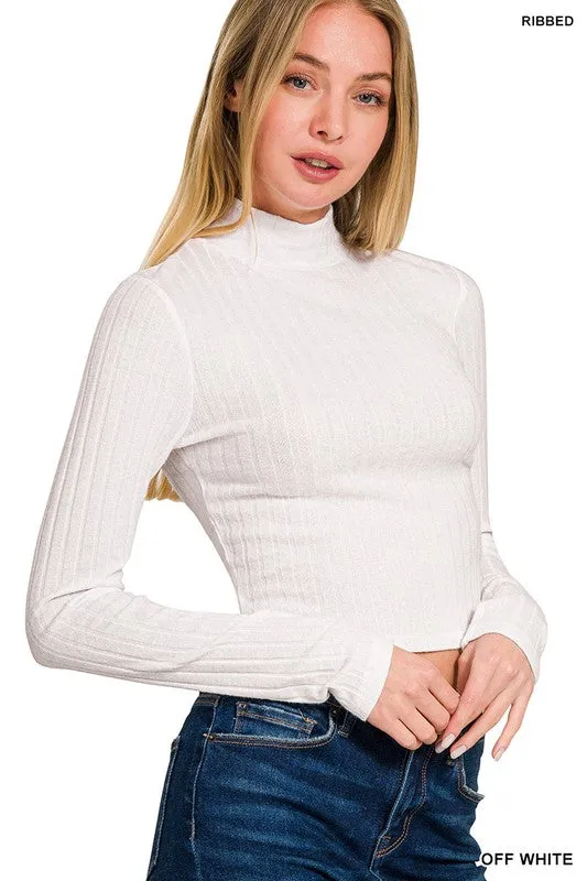 RUBY RIBBED MOCK NECK CROPPED LONG SLEEVE TOP