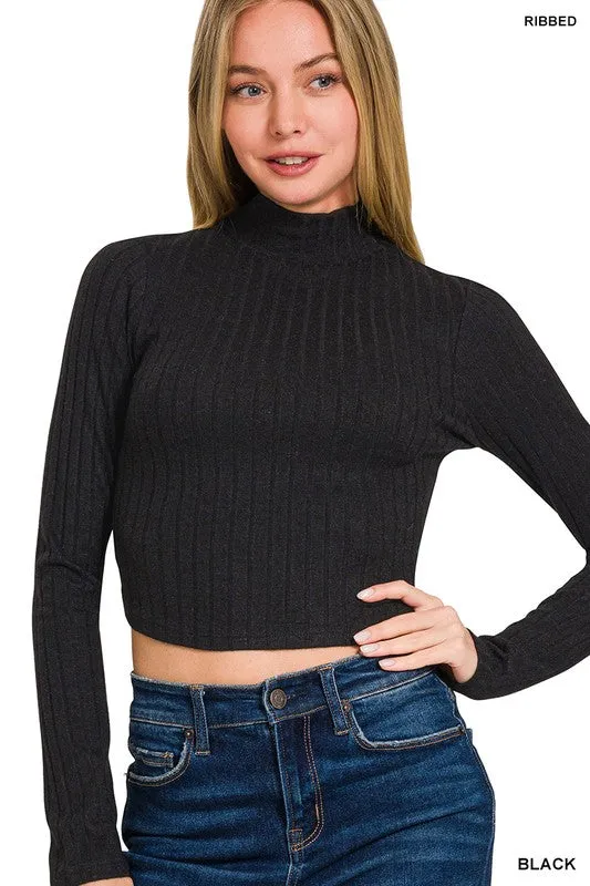 RUBY RIBBED MOCK NECK CROPPED LONG SLEEVE TOP