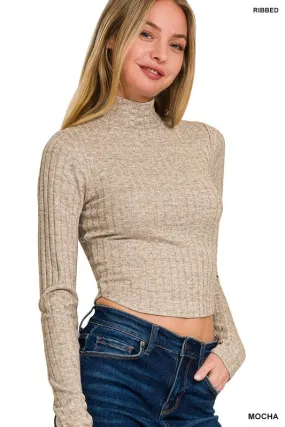 RUBY RIBBED MOCK NECK CROPPED LONG SLEEVE TOP