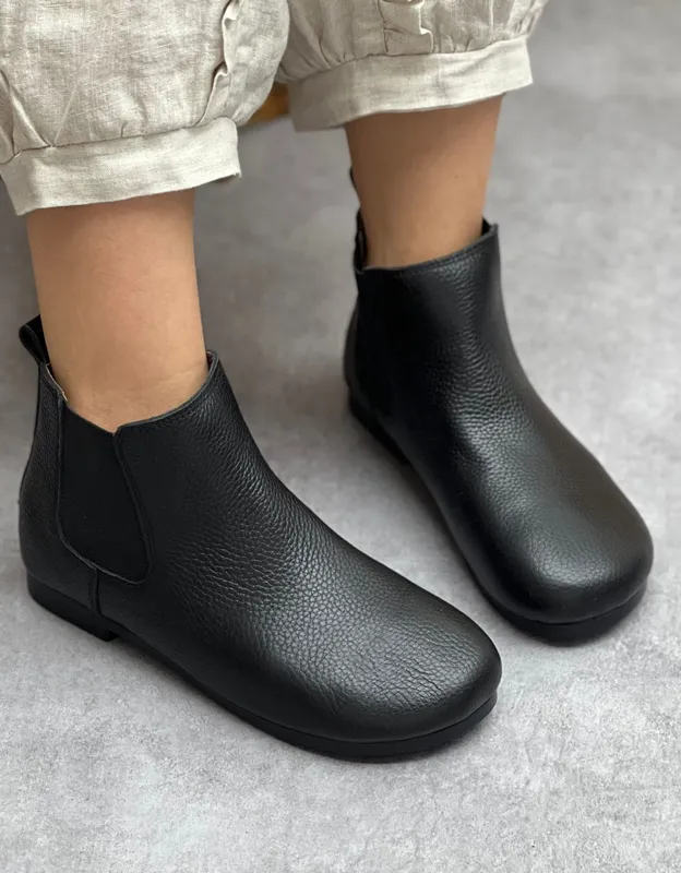 Side Elastic Round Toe Soft Leather Boots 35-41
