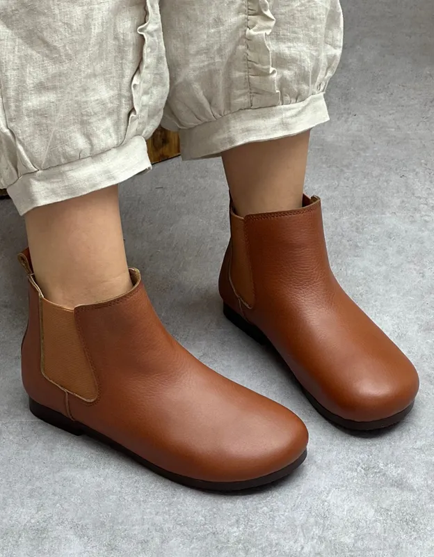 Side Elastic Round Toe Soft Leather Boots 35-41