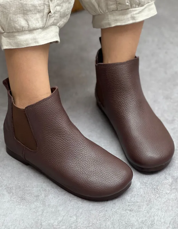Side Elastic Round Toe Soft Leather Boots 35-41