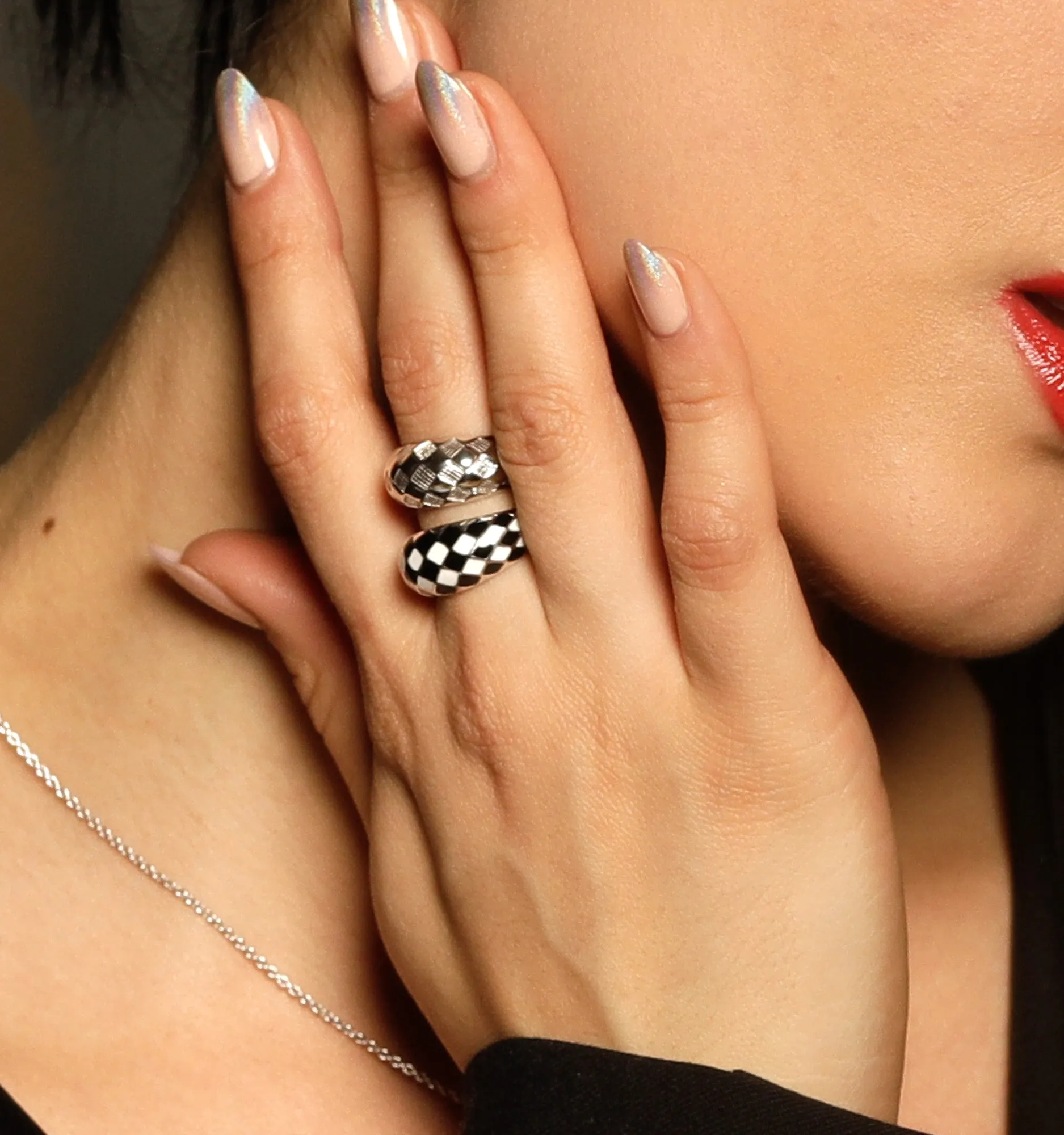Silver Checker Ring - Black And White