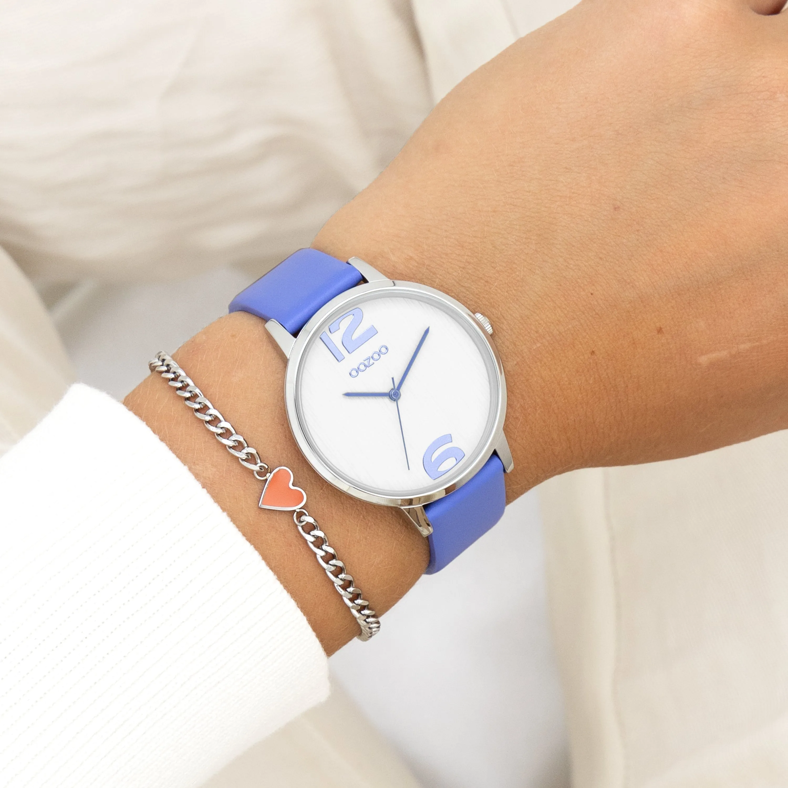 Silver coloured OOZOO watch with mineral blue leather strap - C11235