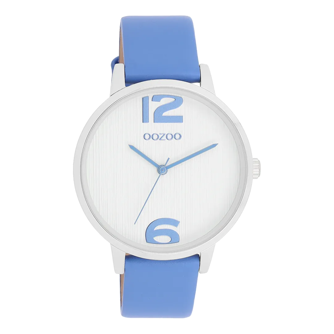 Silver coloured OOZOO watch with mineral blue leather strap - C11235