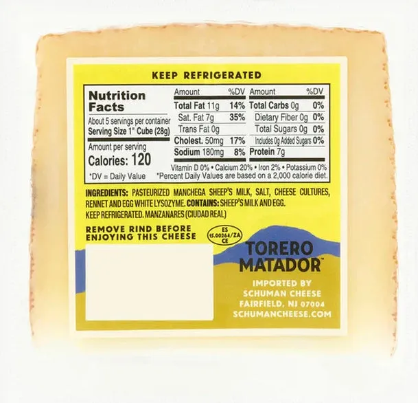 Torero Matador Manchego Sheep's Milk Cheese 150G. (Case of 6-Wedges)