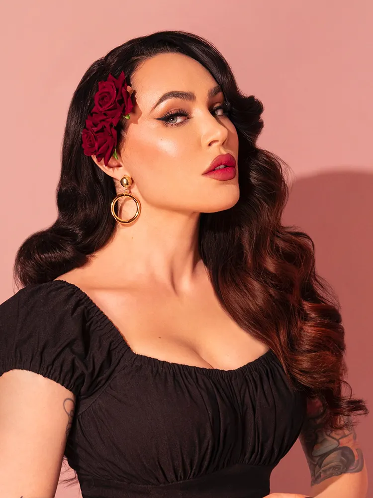 Vintage-Style Double Rose Hair Comb in Burgundy