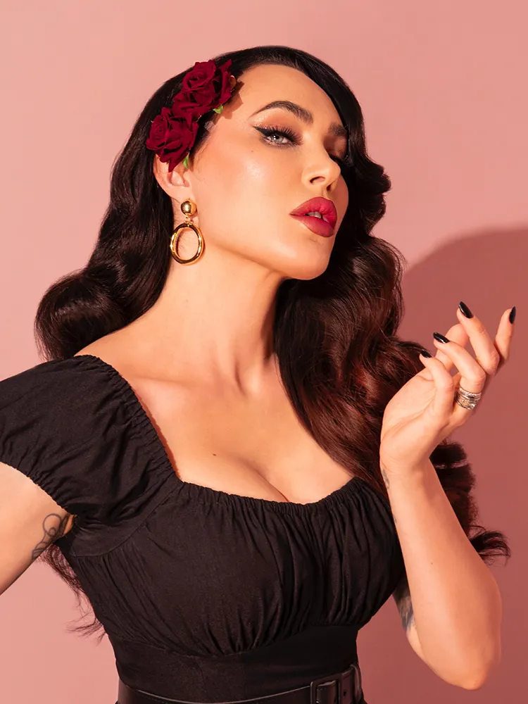 Vintage-Style Double Rose Hair Comb in Burgundy